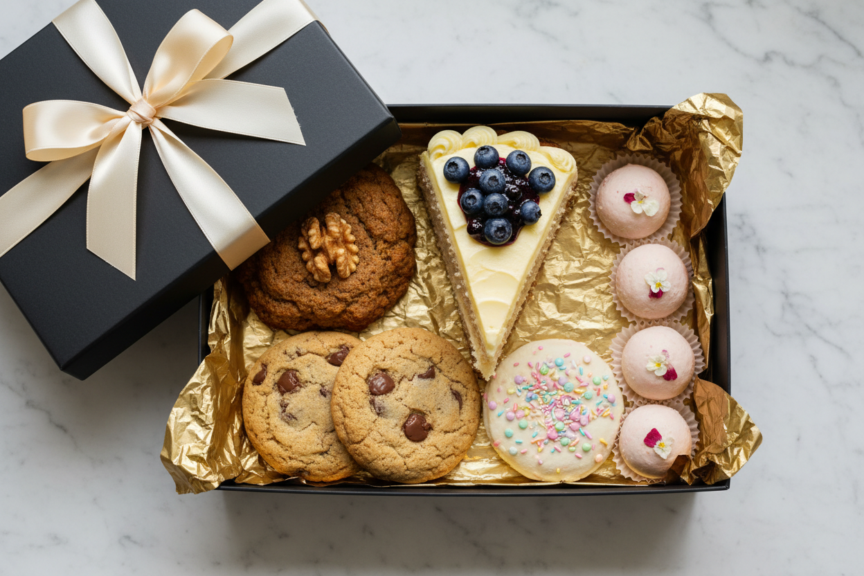 Elegant spring luxury dessert box open with all five confections nestled in gold tissue