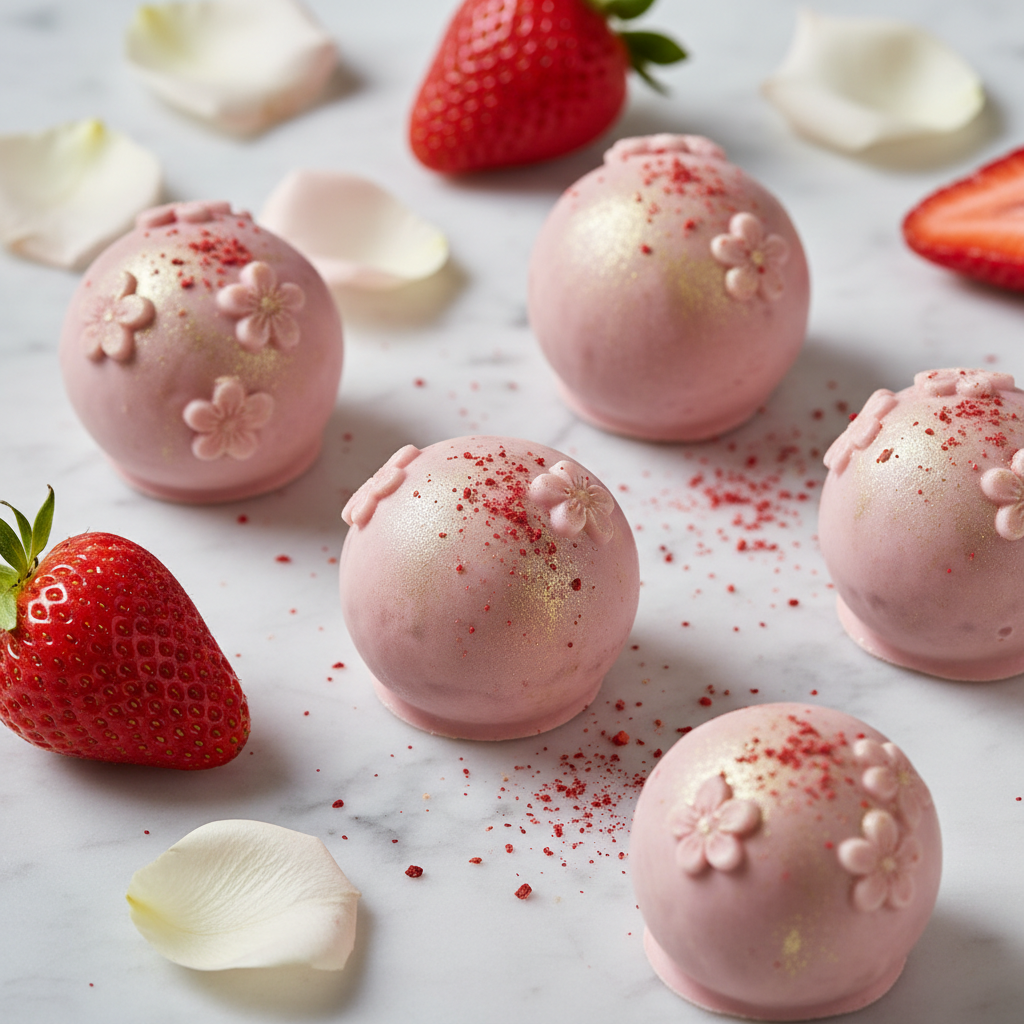 Strawberry cheesecake truffles with pink spring chocolate shell and edible gold