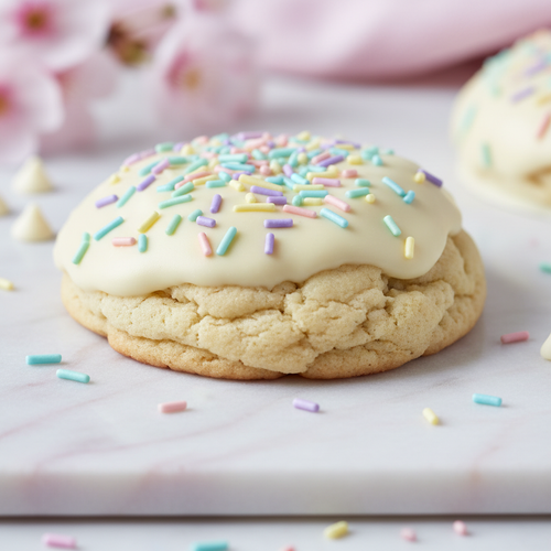 White chocolate sprinkle cookie with pastel spring sprinkles