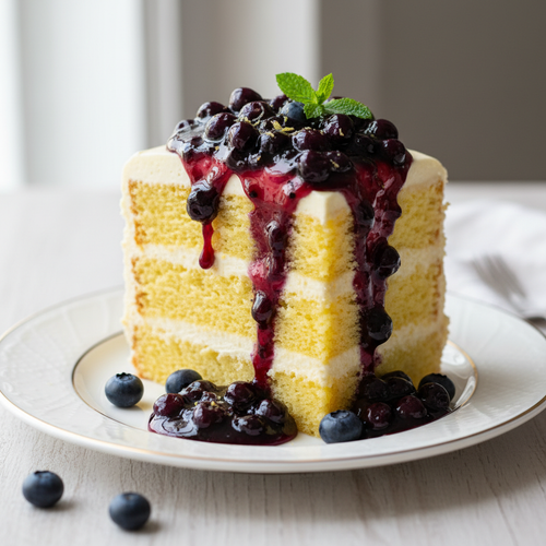 From-scratch lemon cake slice with lemon cream cheese buttercream and fresh blueberry compote