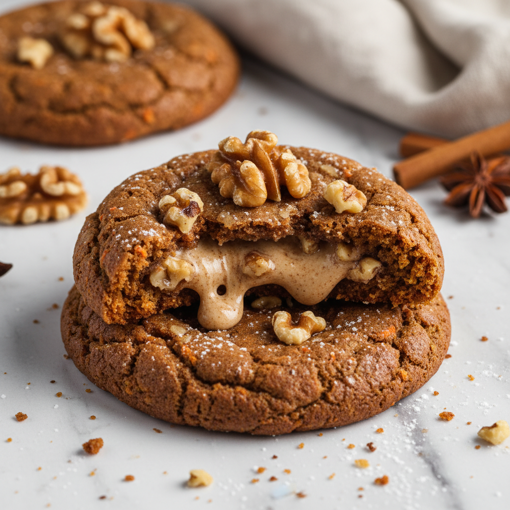 Brown butter carrot cake cookie with cinnamon brown sugar cream cheese walnut center topped with toasted walnuts